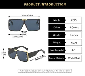Detailed size chart for oversized square sunglasses with precise frame measurements