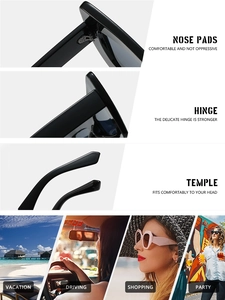 Detailed views of butterfly Y2K sunglasses with macro shots of hinges and lifestyle scenes