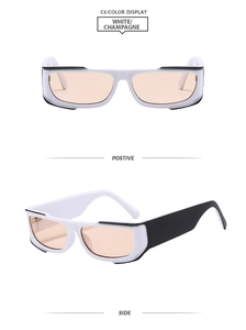 Detail view of white rectangular sunglasses with champagne lenses and black side temples
