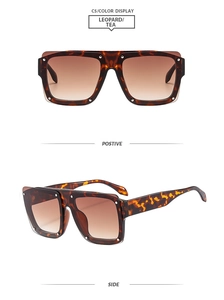 Detail of square leopard print sunglasses with tea gradient lenses and metal rivet accents