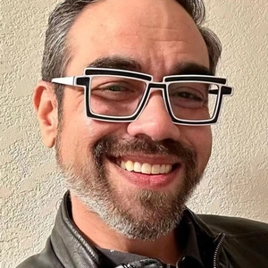 Close-up of geometric black and white two-tone glasses frame on model with 2D manga style