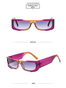 Detail view of Y2K gradient purple and orange frames with tinted lenses for stylish sunglasses
