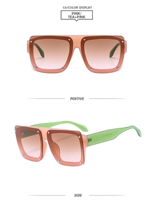 Detail view of square gradient oversized sunglasses with pink tea lenses and neon green arms