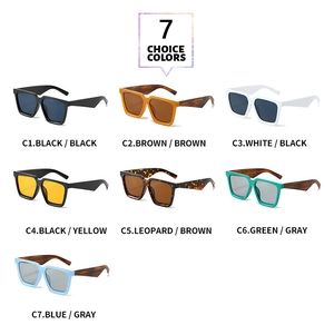 Detailed catalog showing seven color options for square frame fashion sunglasses