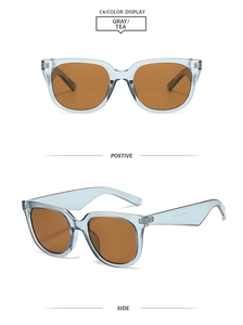 Détails de lunettes de soleil grises ovales carrées avec verres thé de face et de côté