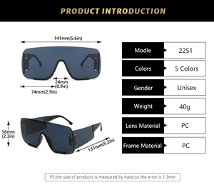 Spécifications détaillées de taille pour lunettes de soleil carrées PC avec dimensions