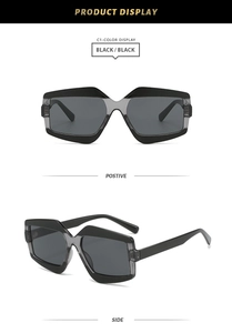 Detailed front and side views of irregular geometric oversized black framed sunglasses