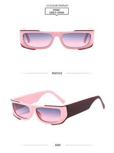 Pink rectangular Y2K sunglasses with grey gradient lenses in front and side views