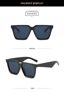 Detailed views of square frame oversized black sunglasses showing front and side profiles