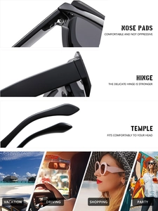 Detail view of square sunglasses with fixed nose pads, metal hinges, and ergonomic temples
