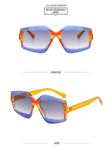 Detail view of geometric tri-color frames with blue orange and red color blocking