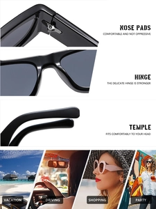 Detail of integrated nose pads and hinges on black square Y2K sunglasses with usage scenes