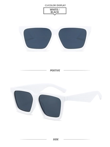 Front and side views of stylish white square sunglasses with dark grey lenses