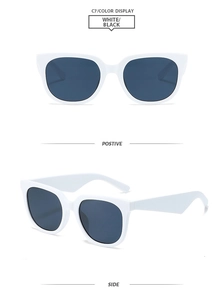 Vue de face et de profil de lunettes de soleil œil-de-chat blanches avec verres foncés
