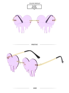 Vue de face et de profil de lunettes de soleil cœur violet sans monture et métal doré