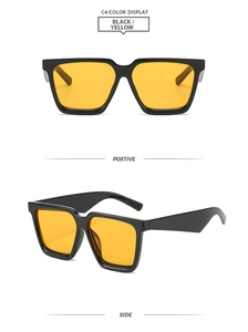 Square black frame sunglasses with yellow lenses showing front and side views