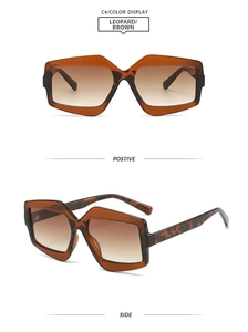 Detail view of large geometric leopard print sunglasses with brown gradient lenses