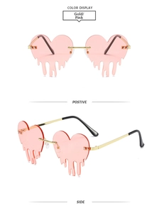 Détails des lunettes de soleil coeur sans monture roses avec design en métal doré