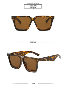 Detail view of square frame leopard pattern sunglasses with brown lenses from multiple angles