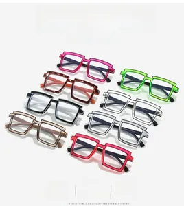 Matrix of square pixel-style glasses frames in eight fluorescent contrasting colors