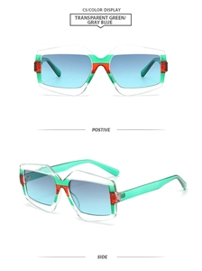 Detail of transparent green geometric square sunglasses with gray blue gradient lenses