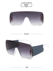 Détail de lunettes de soleil masque blanches avec verres dégradés gris et rivets apparents