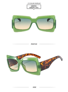 Détails de lunettes de soleil carrées vertes avec branches en écaille de tortue