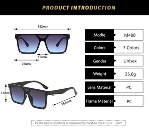 Detailed size specifications for square oversized sunglasses with frame dimensions in mm