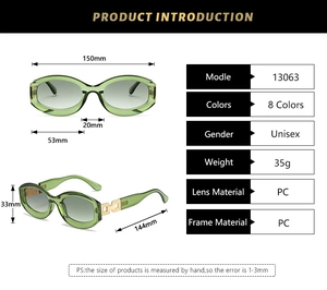 Détails des lunettes de soleil ovales vertes avec branche en chaîne et dimensions PC