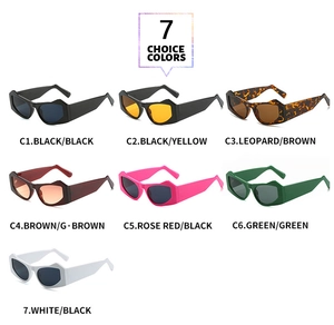 Grid view showcasing seven vibrant color options of chunky geometric polygon sunglasses