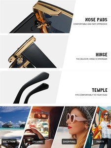 Detail of square frame sunglasses with metal hinges, nose pads, and versatile scene use