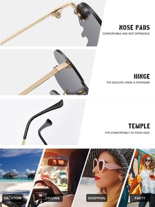 Détails des lunettes de soleil cœur sans monture avec cadre doré et plaquettes de nez