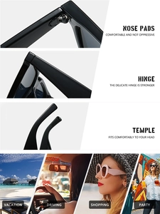 Detail view of square sunglasses with premium hinges, nose pads, and ergonomic temples
