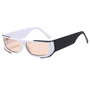 Modern Y2K style rectangular sunglasses in black and white frame with orange lenses