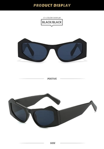 Detailed front and side views of avant-garde black irregular ox-head sunglasses