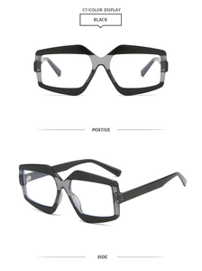 Macro view of geometric black and gray gradient oversized eyeglasses frame C7