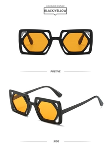 Vue détaillée avant et latérale de lunettes de soleil carrées ajourées avec monture noire et verres jaunes