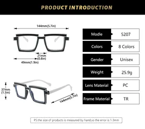 Detailed size chart for TR anti-blue light glasses with frame dimensions and weight details