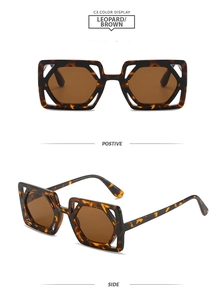 Vue macro de lunettes de soleil carrées C3 imprimé léopard avec monture ajourée