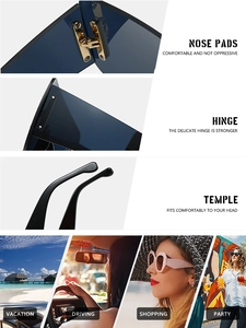 Détail des charnières dorées et plaquettes de nez sur ces lunettes de soleil carrées rétro