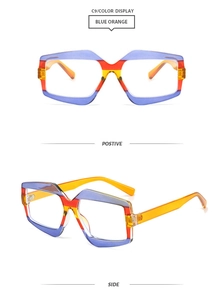 Detailed front and side views of geometric blue and orange color-block sunglasses