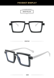 Front and side view of two-tone geometric glasses with black and white layered frames
