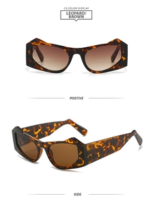 Detail view of leopard print polygon sunglasses with thick frame and brown gradient lens