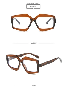 Detailed views of geometric leopard print glasses frames in front and side angles