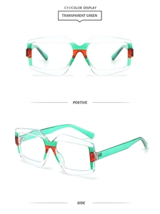 Detail view of transparent green geometric eyewear frame showing front and side angles