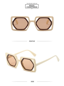 Détails de lunettes de soleil beiges rectangulaires avec cadre ajouré et verres bruns