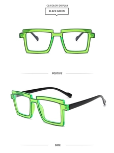 Close-up of black and neon green square frame glasses with a modern double bridge design