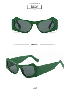 Detailed views of avant-garde irregular green geometric sunglasses with dark grey lenses