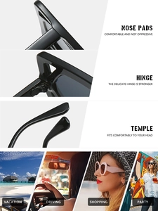 Vue détaillée des lunettes de soleil carrées avec charnières renforcées et plaquettes