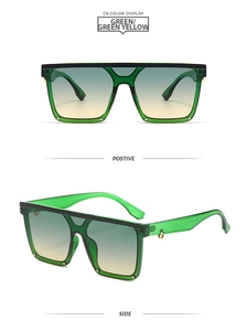 Modern square oversized green sunglasses with gradient lenses and gold rivets detail